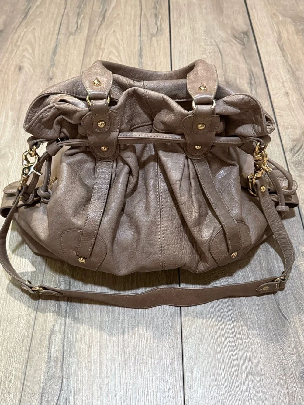 Sabina New York Taupe Leather Slouch Satchel Shoulder Bag Gold Hardware